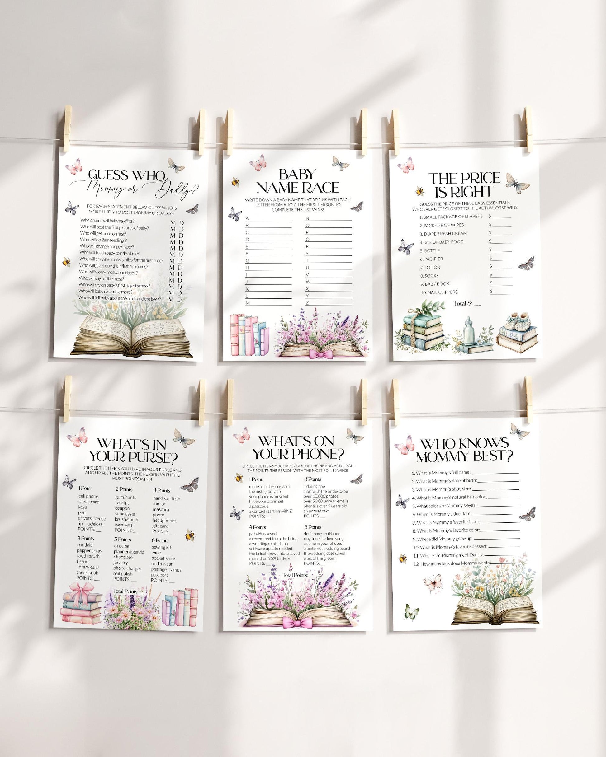 Storybook Baby Shower Game Bundle, A New Chapter Begins Baby Shower Games, Gender Neutral Library Games, Wildflower Butterfly Template #072 - TheLovebirdsDesign