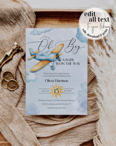 Airplane Travel Baby Shower Invitation, Adventure Begins Baby Boy Planes Shower Invite, Airplane around the World Shower Printable #072 - TheLovebirdsDesign