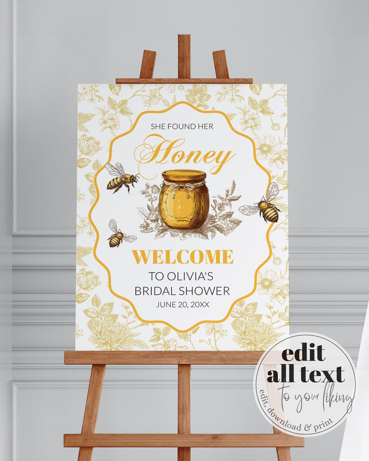 She found her Honey Bee Themed Welcome Sign, Vintage Toile de Jouy Bride to BEE Garden Party Welcome Sign Cottagecore Template #072 - TheLovebirdsDesign