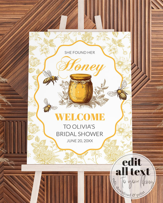 She found her Honey Bee Themed Welcome Sign, Vintage Toile de Jouy Bride to BEE Garden Party Welcome Sign Cottagecore Template #072 - TheLovebirdsDesign