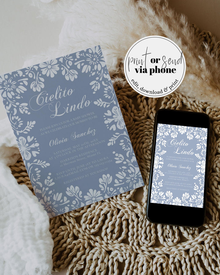 Cielito Lindo Baby Shower Invitation, Editable Blue Vintage Mexican themed Baby Shower Invite, White Talavera Papel Picado Template #067 - TheLovebirdsDesign