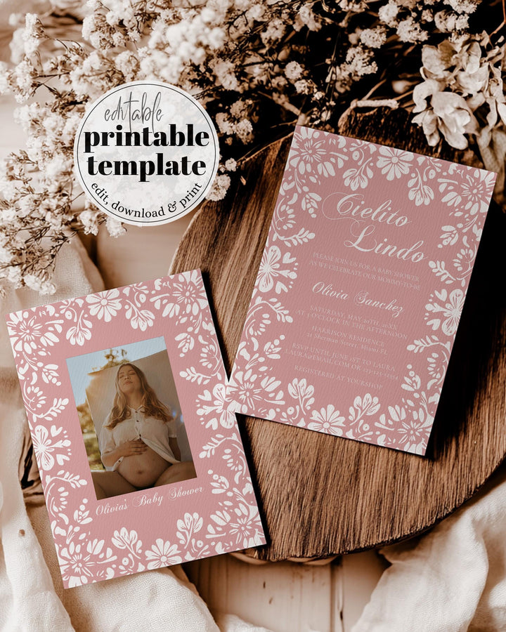 Pink Cielito Lindo Baby Shower Invitation, Editable Vintag Mexican themed Baby Shower Invite for Girls, Talavera Papel Picado Template #067 - TheLovebirdsDesign