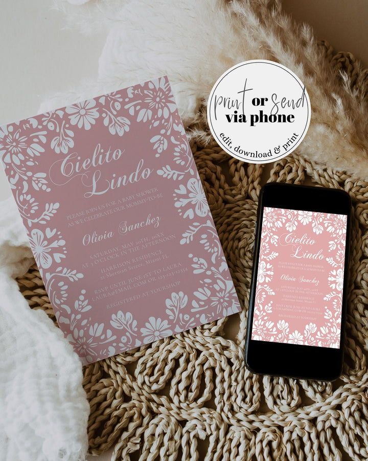 Pink Cielito Lindo Baby Shower Invitation, Editable Vintag Mexican themed Baby Shower Invite for Girls, Talavera Papel Picado Template #067 - TheLovebirdsDesign