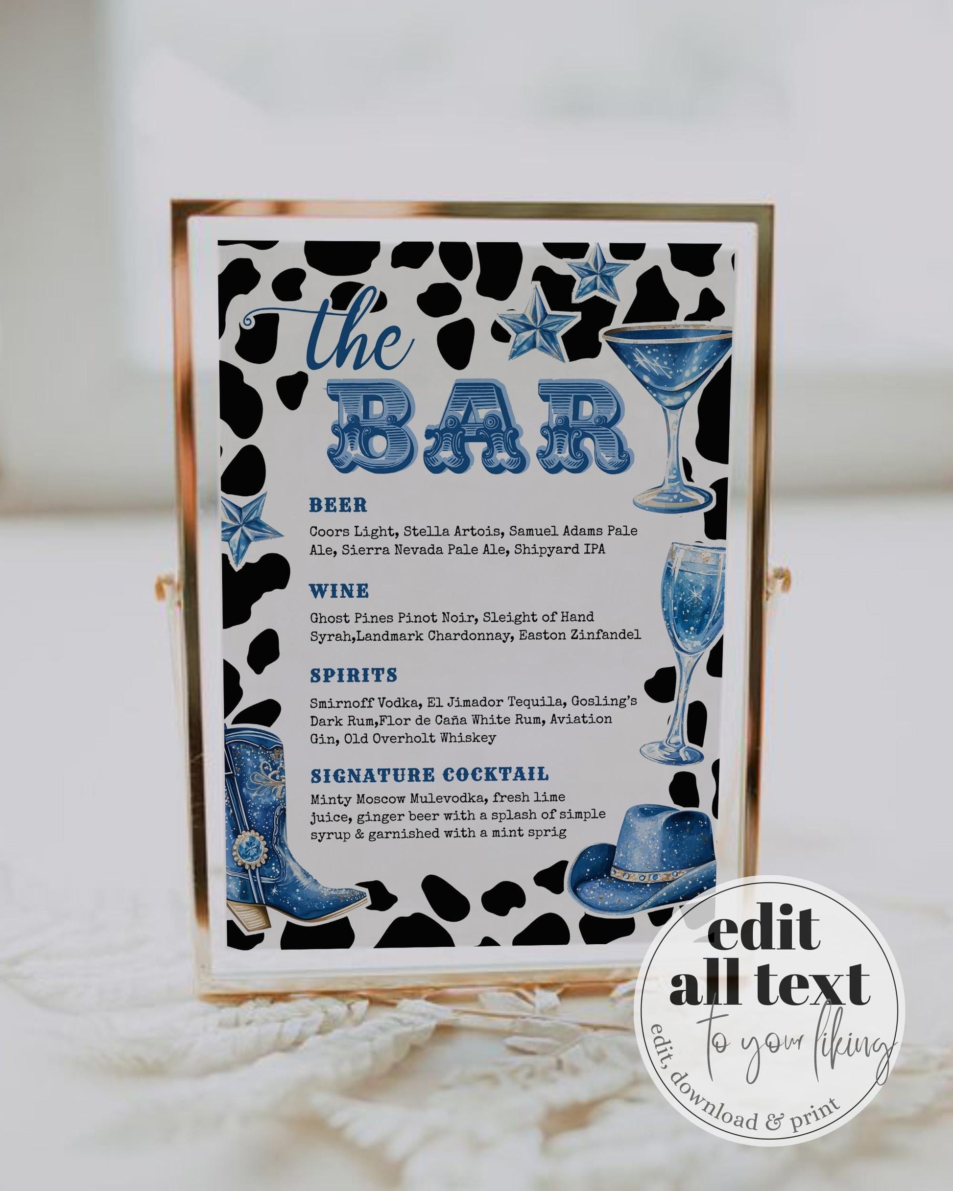 Denim and Diamonds Disco Cowgirl Drink Menu Signature Cocktails Template for Nashville Bachelorette Let's get Nashty Cocktail Bar Menu #022 - TheLovebirdsDesign