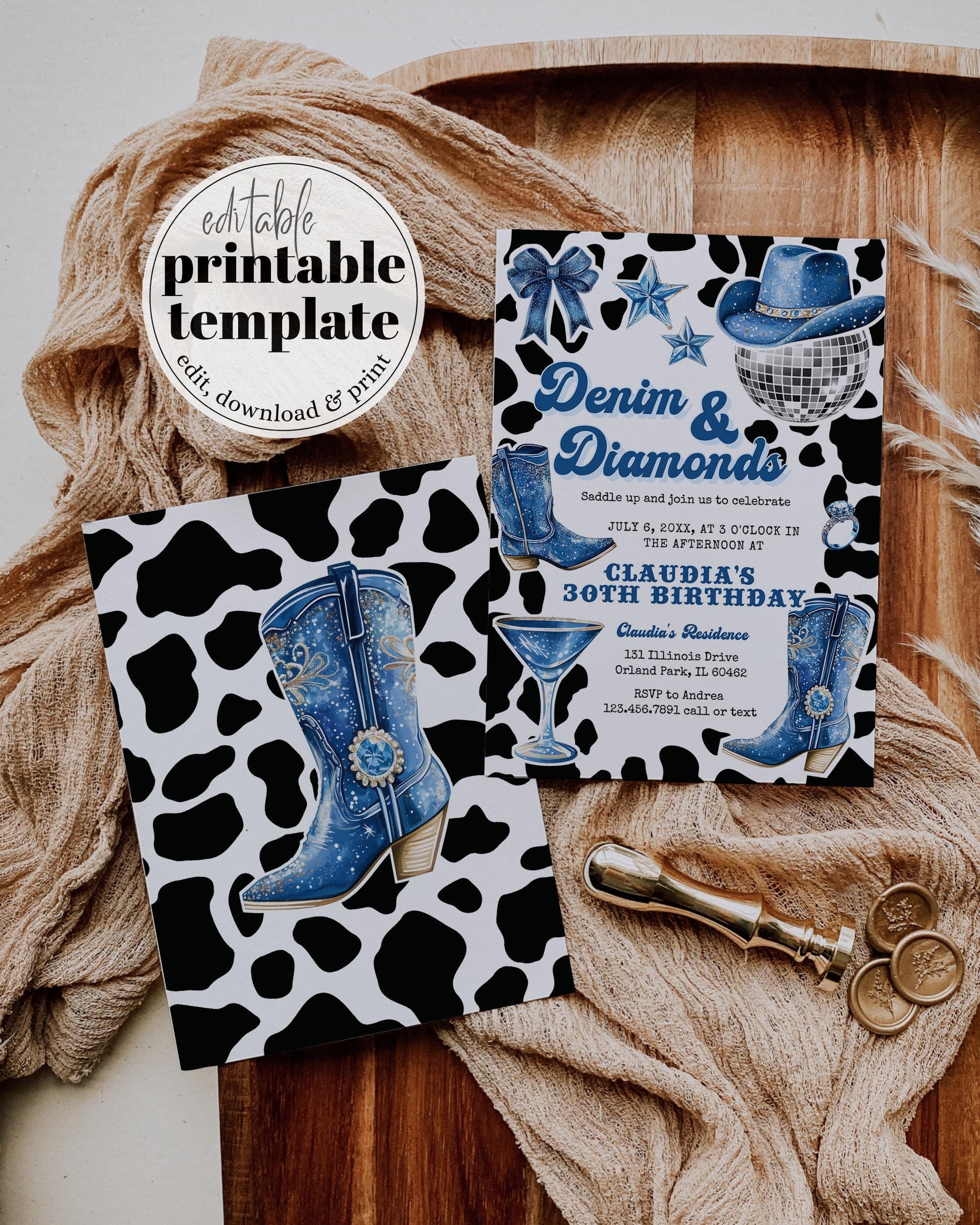 Blue Denim and Diamonds Jeans Birthday Invitation, Blue Cowgirl Adult Birthday Invite, Let's get Nashty Disco Cowgirl Party Printable #022 - TheLovebirdsDesign