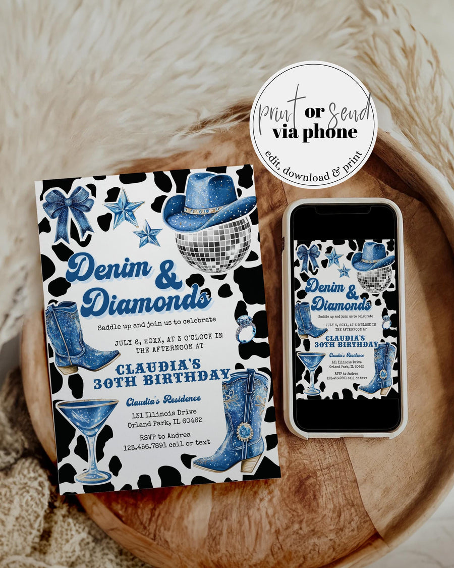 Denim and Diamonds Birthday Invitation, Blue Cowgirl Adult Disco Party Printable 022BLDC-BINV - marryful.org