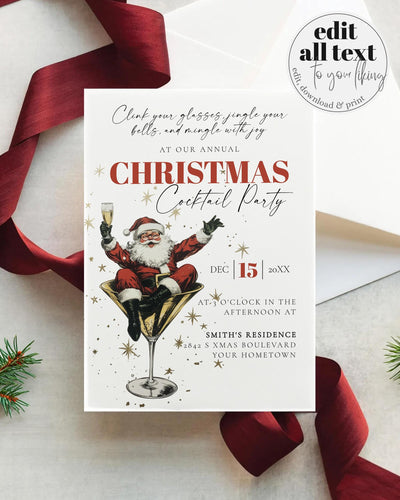 Santa Martini Party Invite, Editable Christmas Cocktail Invitation, Jingle and Mingle Holiday Celebration, Eat Drink & Be Merry Template#072 - TheLovebirdsDesign