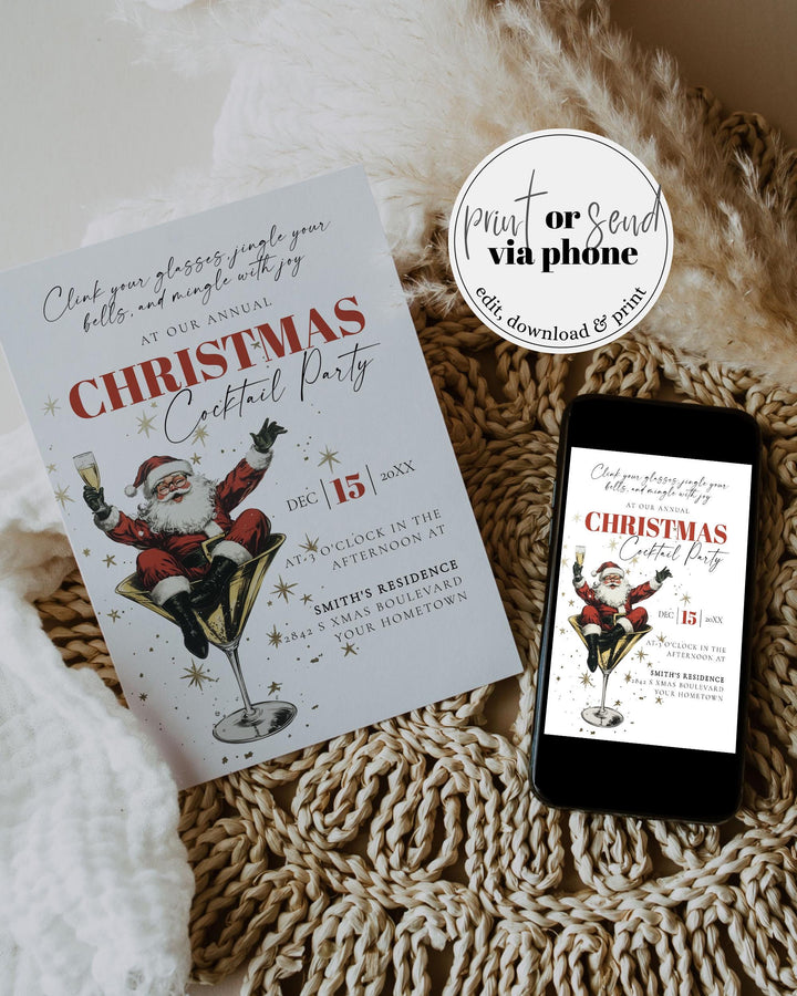 Santa Martini Party Invite, Editable Christmas Cocktail Invitation, Jingle and Mingle Holiday Celebration, Eat Drink & Be Merry Template#072 - TheLovebirdsDesign