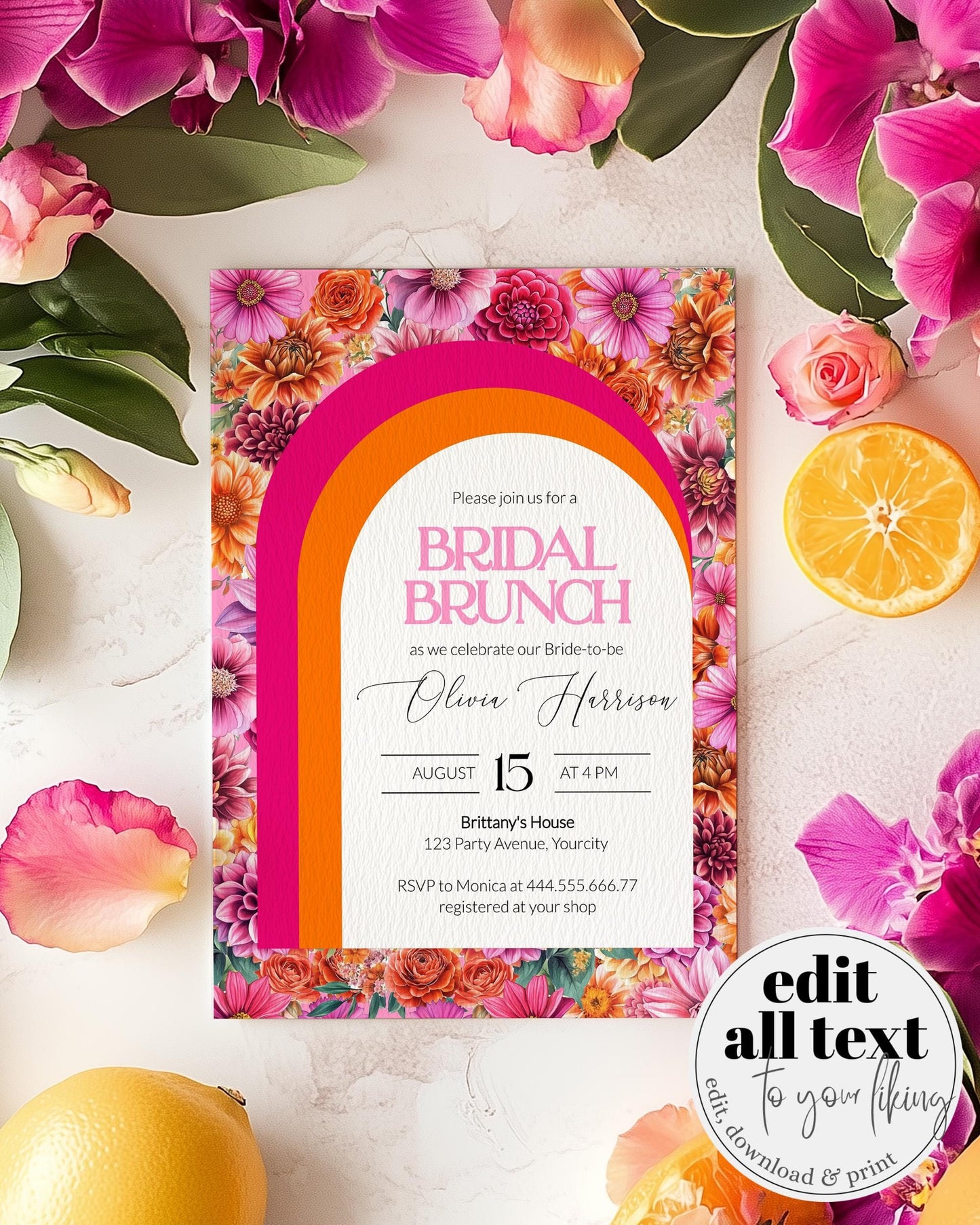 Pink Orange Bridal Shower Invitation, Vibrant Pink Bridal Brunch Summer Bachelorette Party, Tequila Sunrise Bright Bridal Party Template#072 - TheLovebirdsDesign