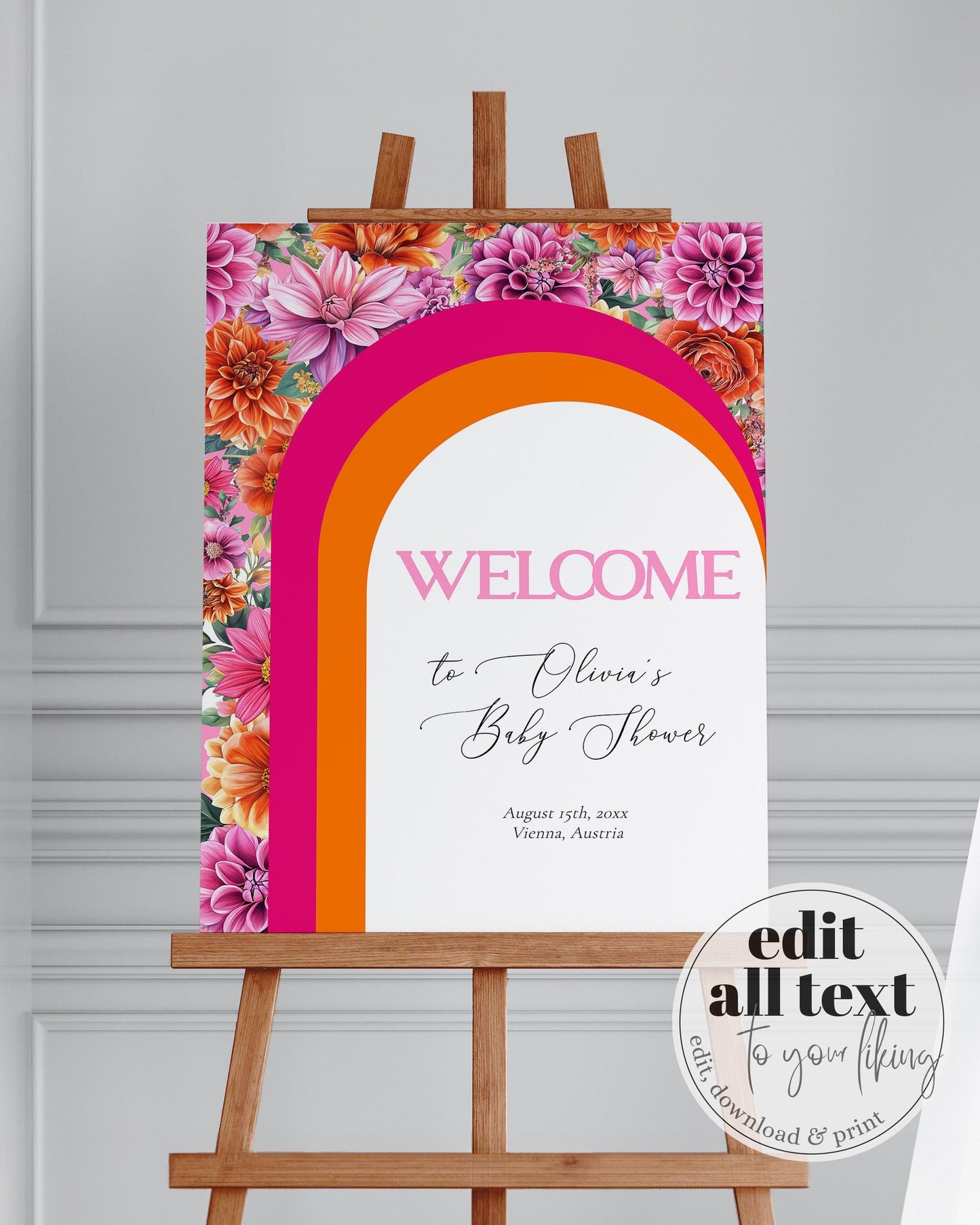 Pink Orange Welcome Sign, Editable Sunrise Party Welcome Template for Summer Girl Baby Shower or Bridal Party Printable Decorations #072 - TheLovebirdsDesign