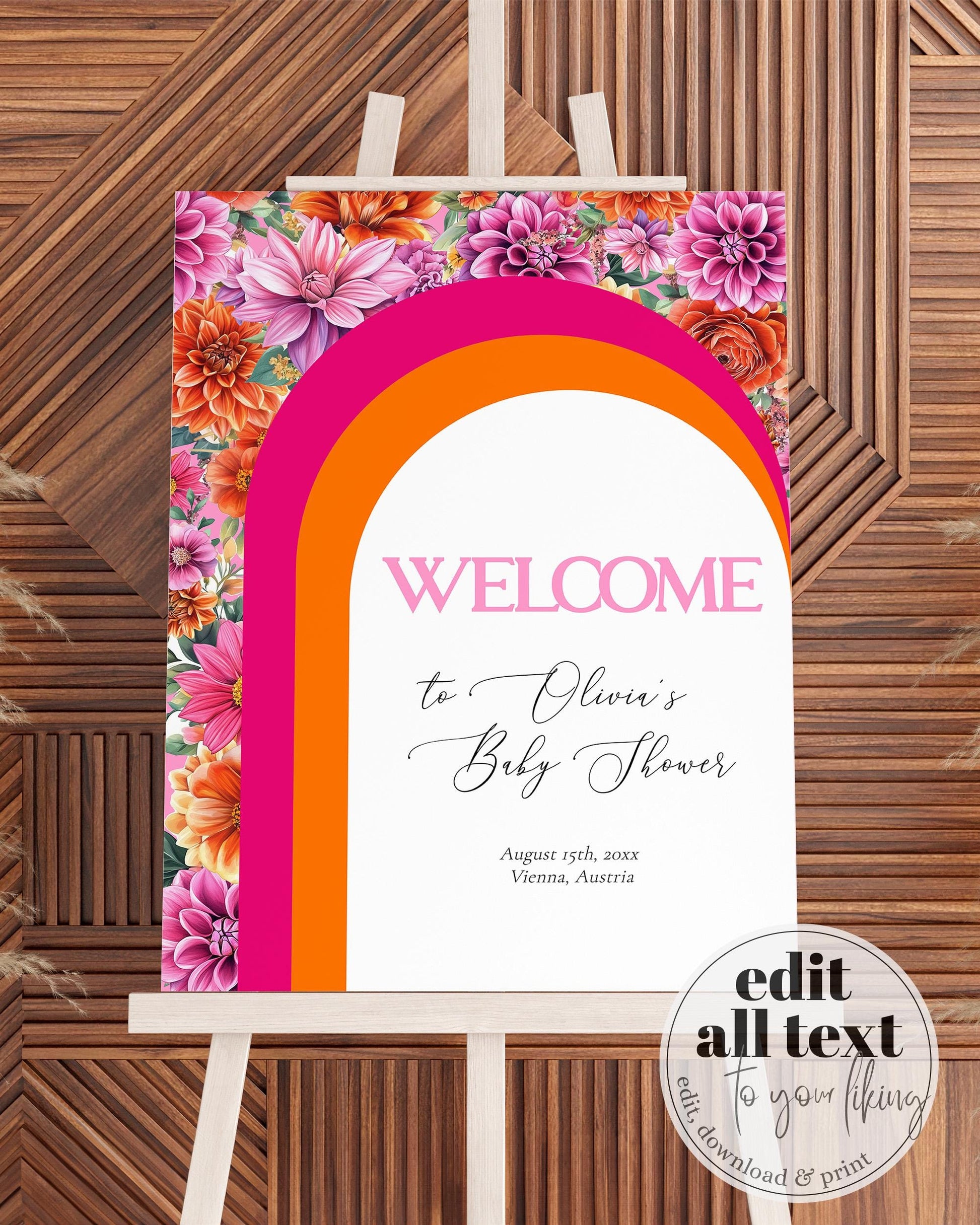 Pink Orange Welcome Sign, Editable Sunrise Party Welcome Template for Summer Girl Baby Shower or Bridal Party Printable Decorations #072 - TheLovebirdsDesign