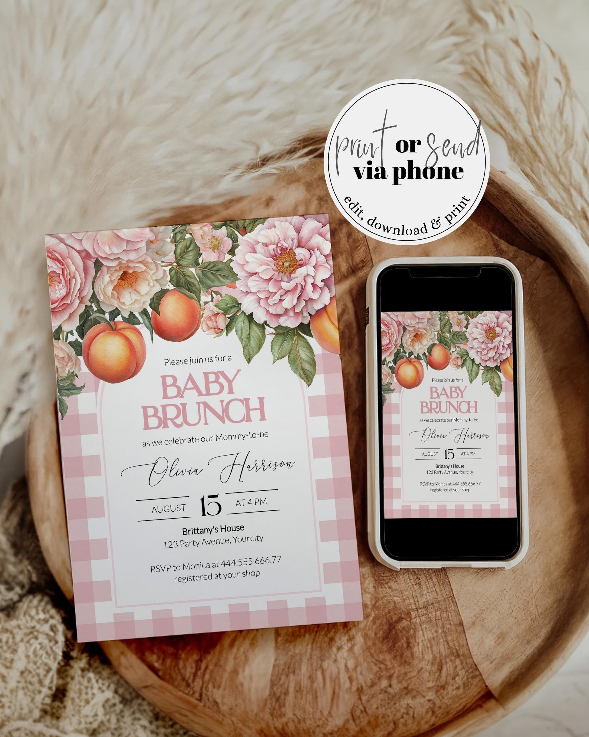 Sweet Little Peach Baby Shower Suite, Blush Pink Peach Baby Shower Invitation Girl, Summer Floral Peach Party Printable Invite Template #072 - TheLovebirdsDesign