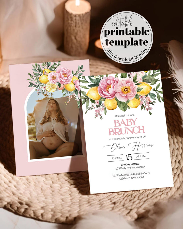 Pink Lemonade Baby Shower Suite, Pink Lemon Floral Citrus Baby Shower Invitation, Mediterranean Lemon Girl Shower Invite Template #072 - TheLovebirdsDesign