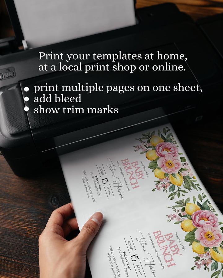 Pink Lemonade Baby Shower Suite, Pink Lemon Floral Citrus Baby Shower Invitation, Mediterranean Lemon Girl Shower Invite Template #072 - TheLovebirdsDesign