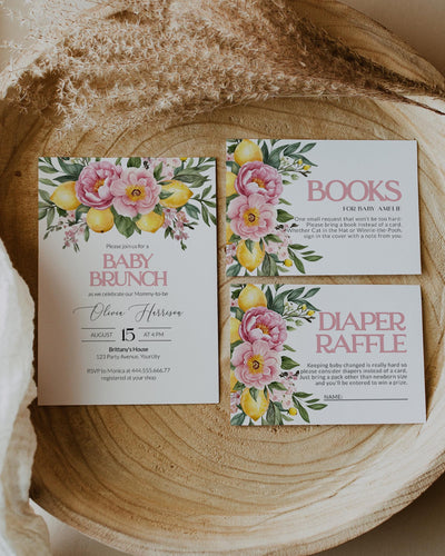 Pink Lemonade Baby Shower Suite, Pink Lemon Floral Citrus Baby Shower Invitation, Mediterranean Lemon Girl Shower Invite Template #072 - TheLovebirdsDesign