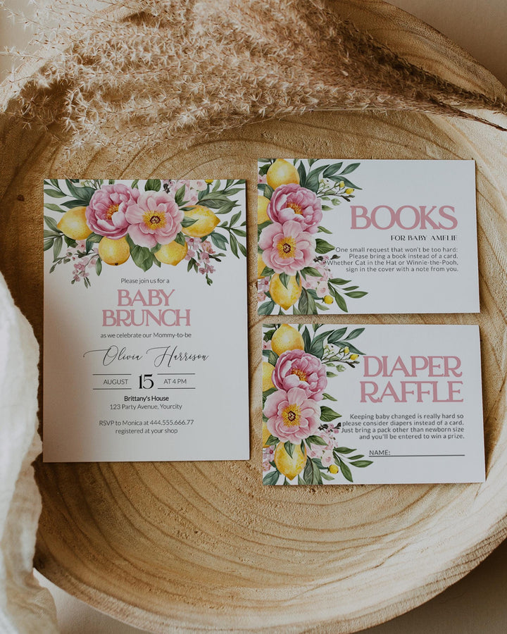 Pink Lemonade Baby Shower Suite, Pink Lemon Floral Citrus Baby Shower Invitation, Mediterranean Lemon Girl Shower Invite Template #072 - TheLovebirdsDesign