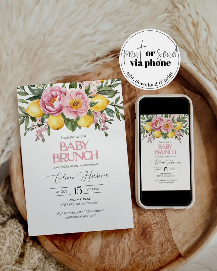 Pink Lemonade Baby Shower Suite, Pink Lemon Floral Citrus Baby Shower Invitation, Mediterranean Lemon Girl Shower Invite Template #072 - TheLovebirdsDesign