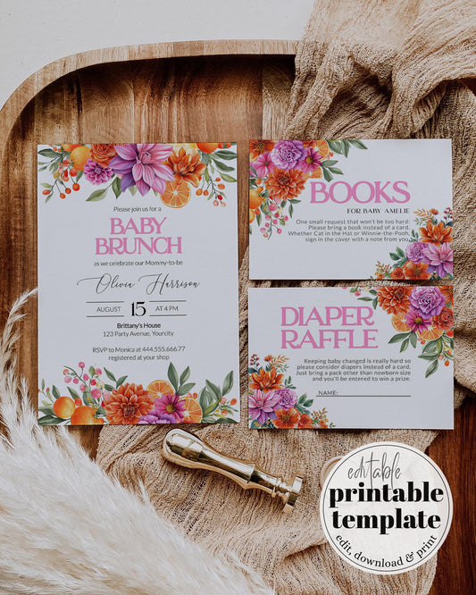 Bright Florals Pink Orange Baby Shower Invitation Suite, Cutie on the way Citrus Theme Invite, Baby in Bloom Floral Summer Garden Party #072 - TheLovebirdsDesign