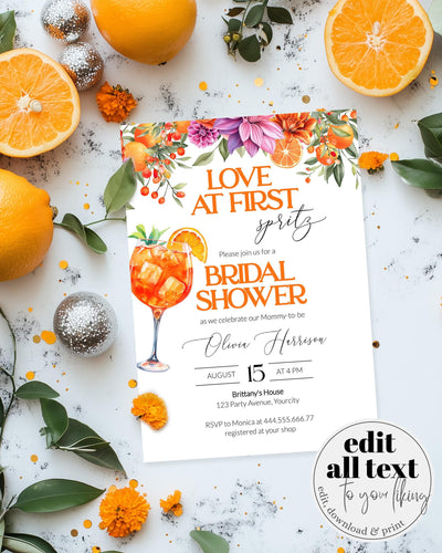 Love at First Spritz Bridal Shower Invitation, Pink Orange Spritz Bridal Shower Invite, Citrus Bridal Brunch Bright Florals Template #072 - TheLovebirdsDesign