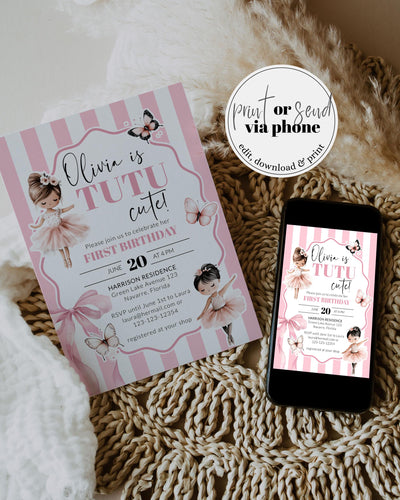Pink Tutu Birthday Pink Ribbon Bow Invitation Girl 1st Birthday Ballerina Invite Tutu Cute Sugar Plum Fairy Dance Party Bday Template #072 - TheLovebirdsDesign