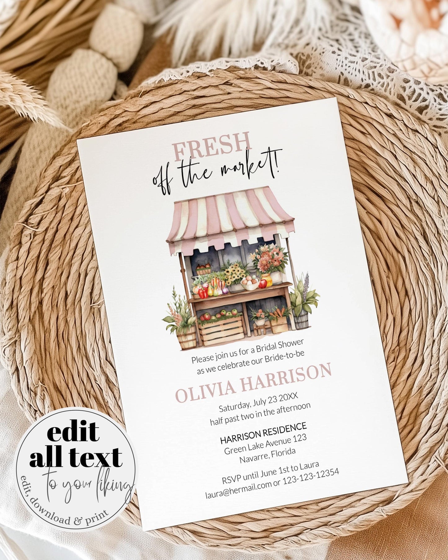 Fresh off The Market Bridal Shower Invitation, Farmer's Market Shower Invite, She's Off the Market Printable Template Instant Download #072 - TheLovebirdsDesign