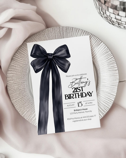 Black Bow Birthday Invitation Girls 21st Birthday Classy Coquette Bow 30th Birthday Invite Women Illustrated Grandmillenial Bow Template#072 - TheLovebirdsDesign