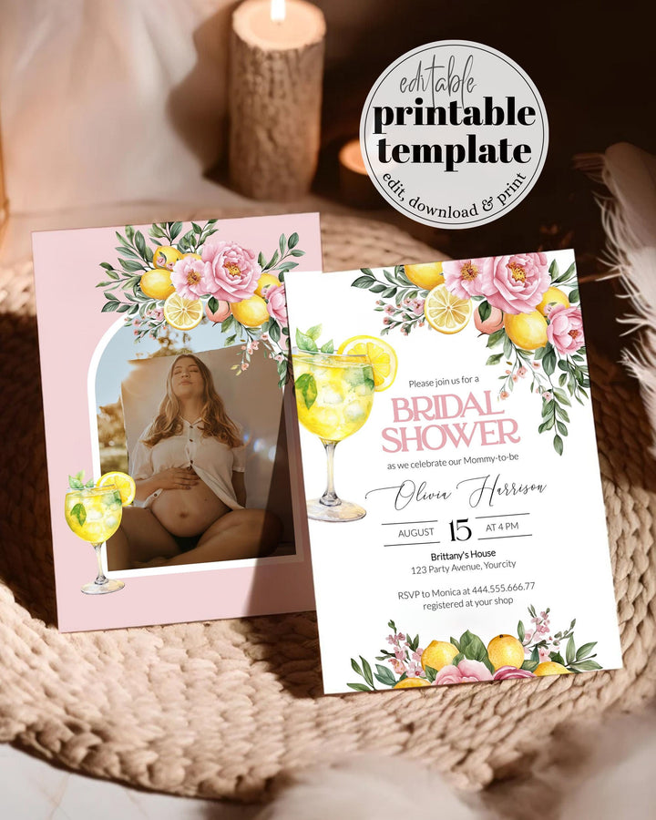 Pink Lemonade Bridal Shower Invitation, Pink Lemon Floral Citrus Bridal Shower Invite, Mediterranean Lemon Girl Shower Evite Template #072 - TheLovebirdsDesign