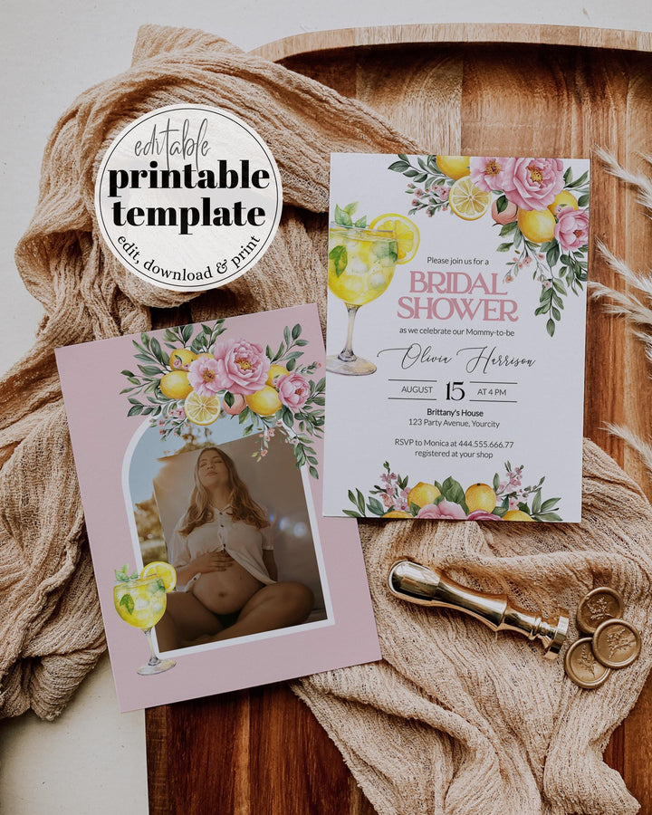Pink Lemonade Bridal Shower Invitation, Pink Lemon Floral Citrus Bridal Shower Invite, Mediterranean Lemon Girl Shower Evite Template #072 - TheLovebirdsDesign