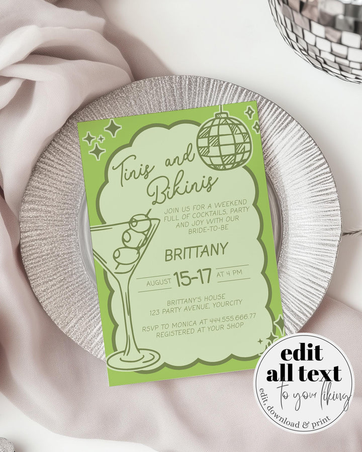 Tini Bit Older Bachelorette Party Invitation, Funky Tinis & Bikinis Bachelorette Weekend Itinerary, Cocktail Club Party Invite Template #070 - TheLovebirdsDesign
