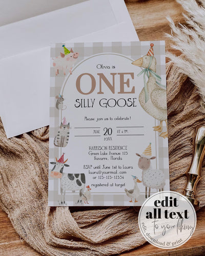 One Silly Goose Birthday Invitation with Farm Party Animals, Gender Neutral 1st Birthday Invite, Goose Invitation Printable Template #068 - TheLovebirdsDesign