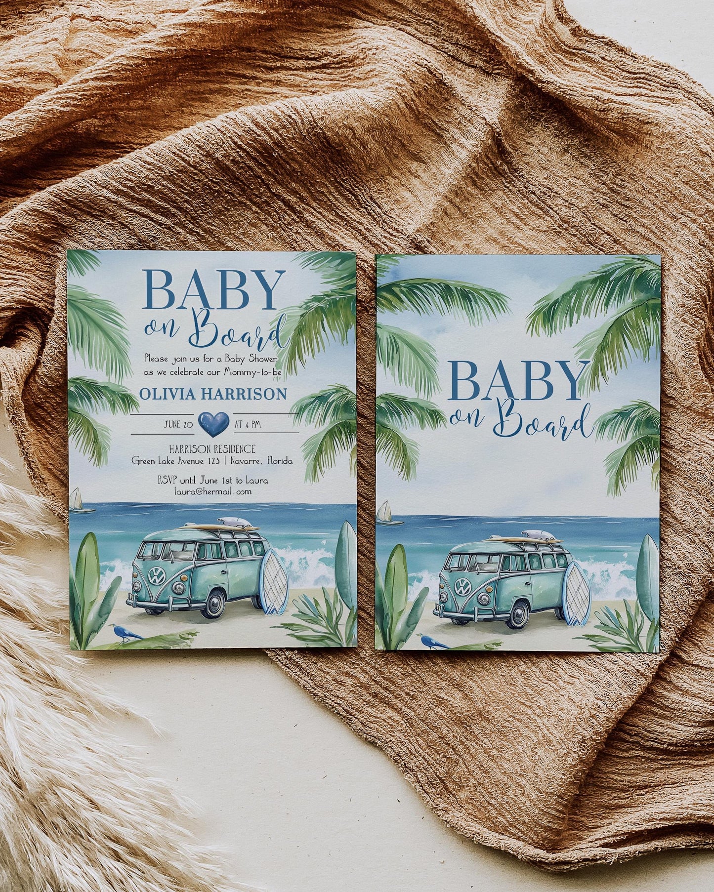 Surfer Baby Shower Invitation Baby on Board Invite Beach Ocean and Palm Trees Summer Baby Shower Pool Party Boys Printable Template #068 - TheLovebirdsDesign