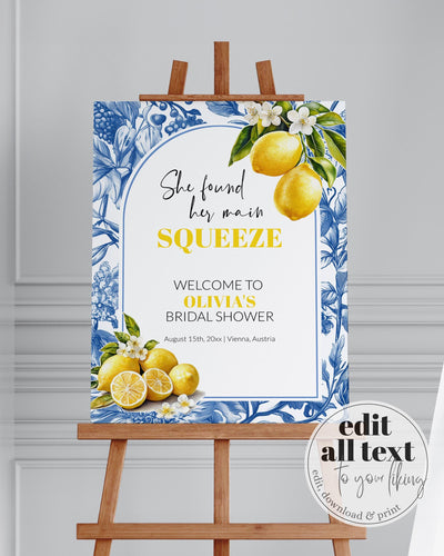 Citrus Lemon Amalfi Coast Bridal Shower Welcome Sign, Positano Limoncello Spritz Toile de Jouy Decorations Sign Mediterranean Template #072 - TheLovebirdsDesign