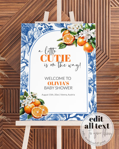 Little Cutie is on it's way Citrus Orange Amalfi Coast Baby Shower Welcome Sign, Toile de Jouy Mediterranean Decoration Sign Template #072 - TheLovebirdsDesign