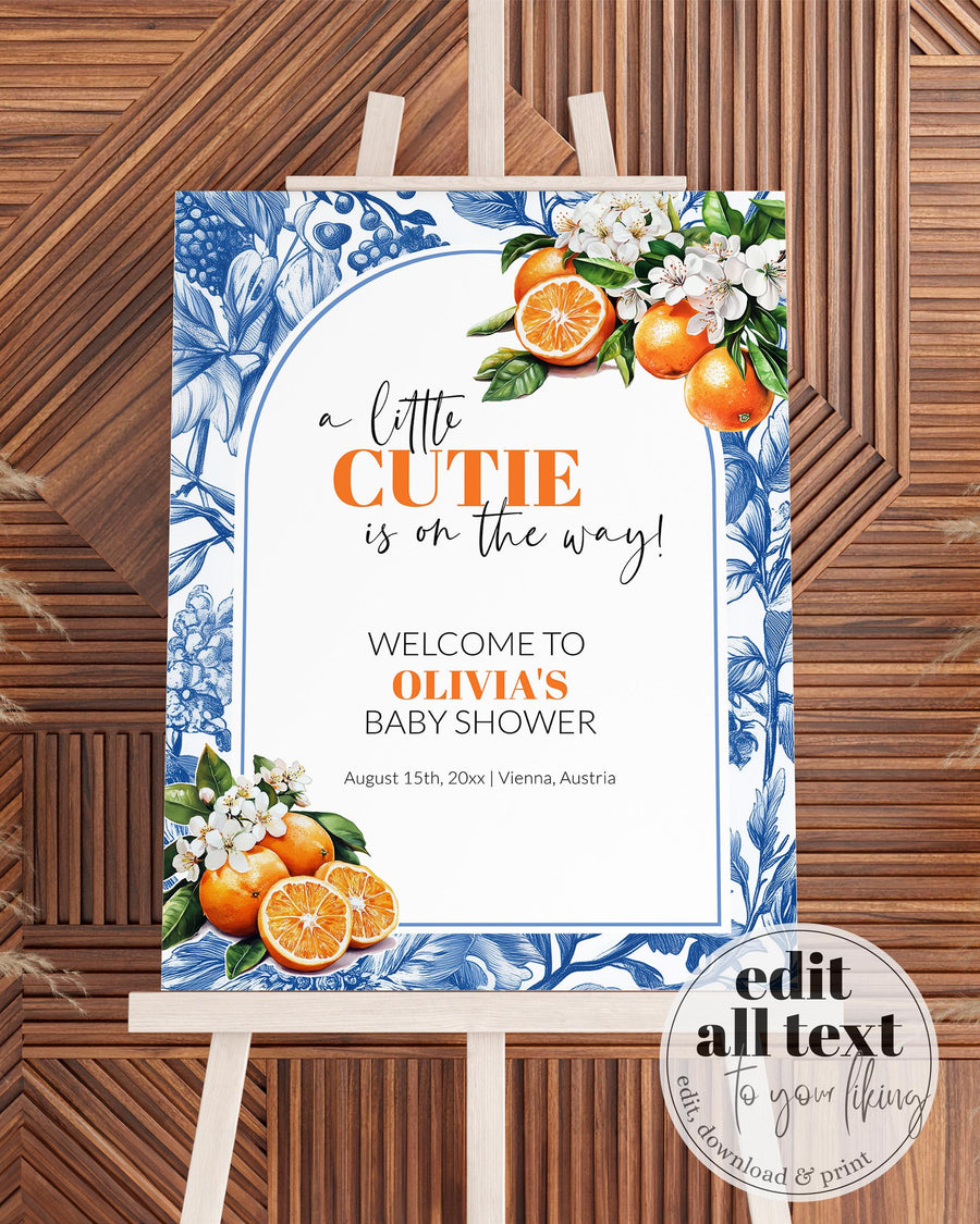 Little Cutie Citrus Baby Shower Welcome Sign, Amalfi Coast Toile Mediterranean Template 102OR-WLCM - marryful.org