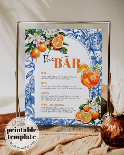 Citrus Orange Amalfi Coast Bar Menu Sign, Toile de Jouy Cocktail Menu Card for Mediterranean Cutie Baby Shower Decoration Sign Template #072 - TheLovebirdsDesign