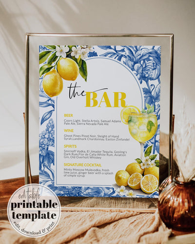 Citrus Limoncello Spitz Bar Menu Template, Cocktail Drinks Menu for Lemon Amalfi Coast Positano Bridal Shower or Mediterranean Wedding #072 - TheLovebirdsDesign