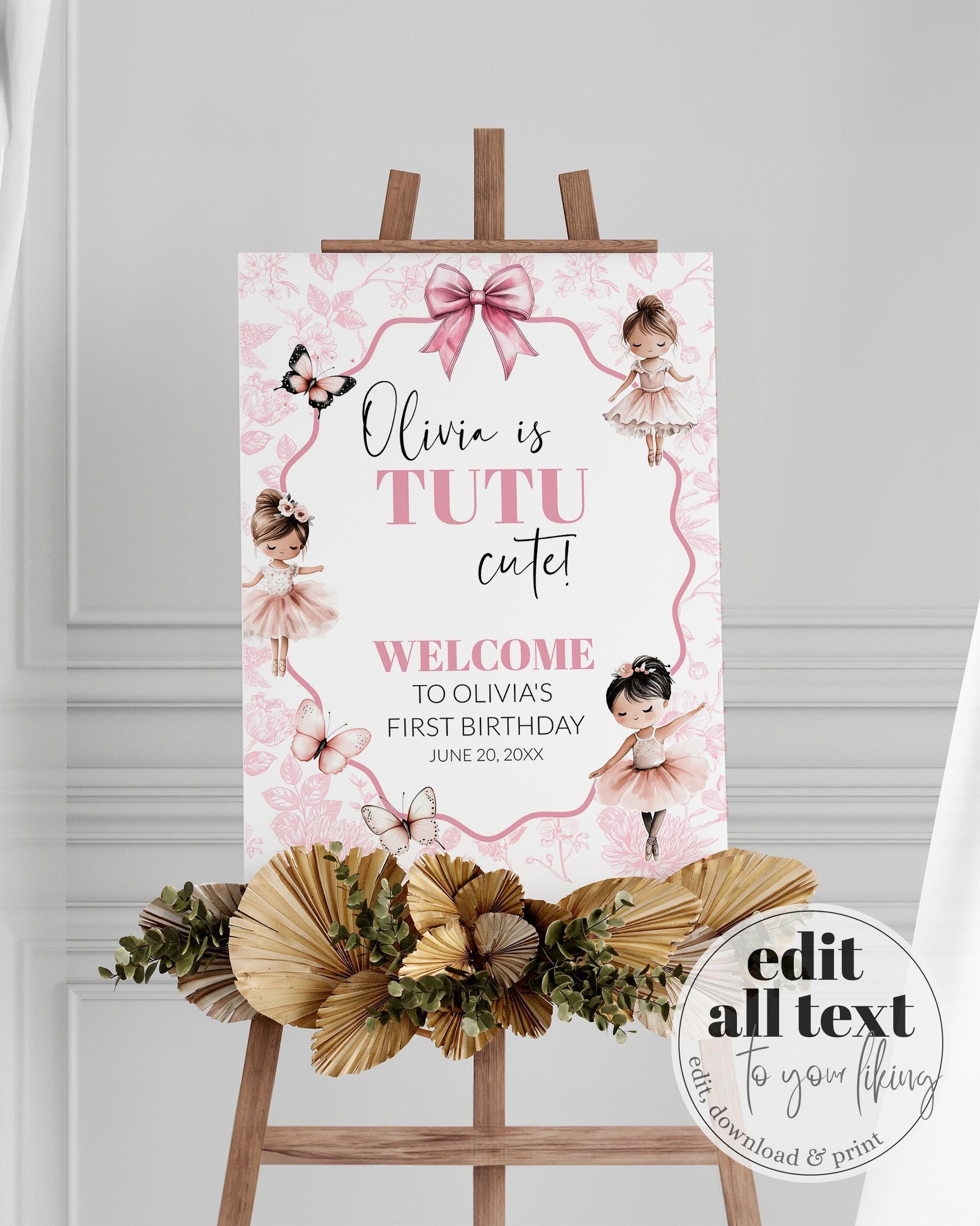 TUTU cute Ballerina Welcome Sign Template, Girl Ballet Baby Shower or Birthday Decorations Sign, Toile de Jouy Butterfly Tutu Party #072 - TheLovebirdsDesign