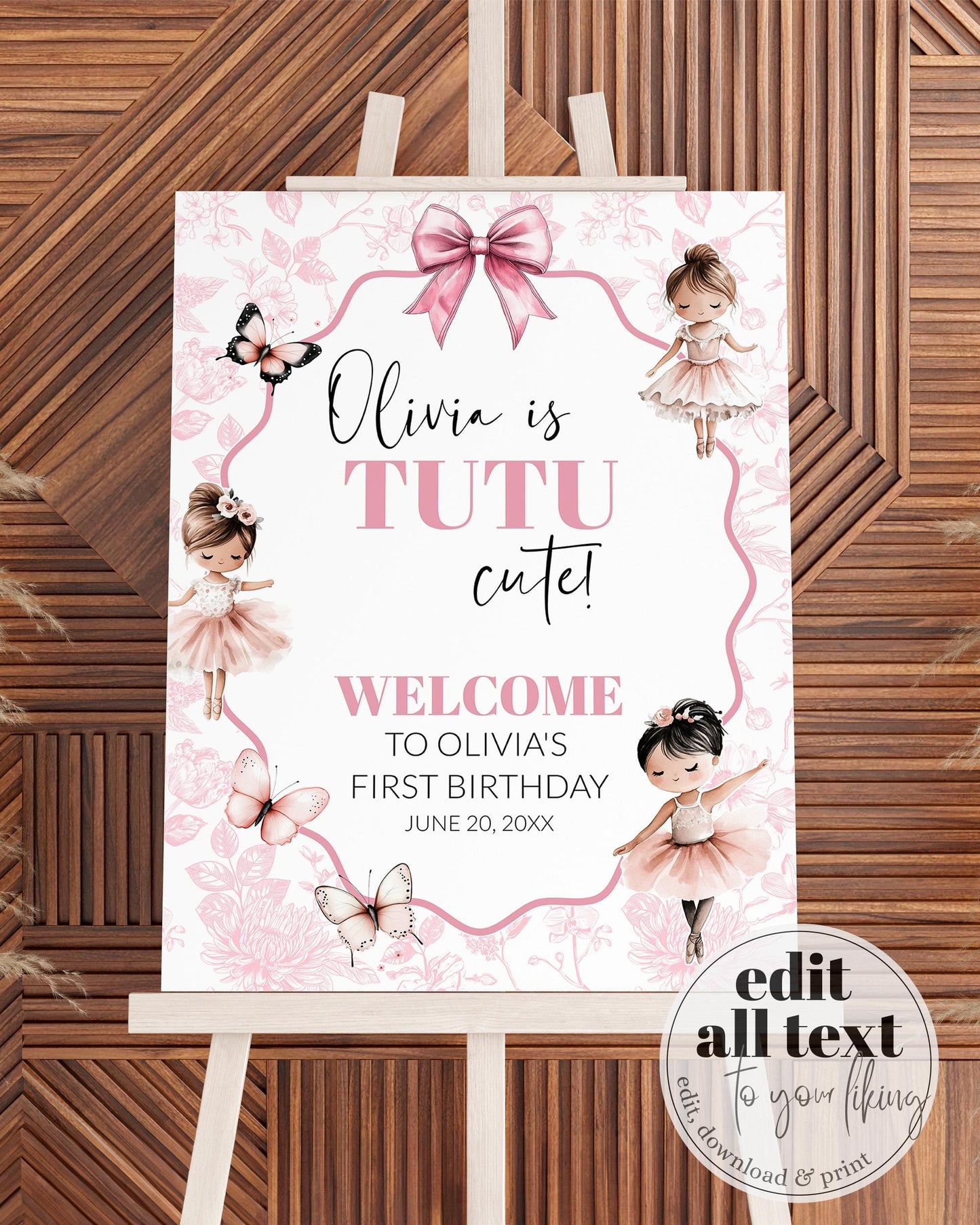 TUTU cute Ballerina Welcome Sign Template, Girl Ballet Baby Shower or Birthday Decorations Sign, Toile de Jouy Butterfly Tutu Party #072 - TheLovebirdsDesign