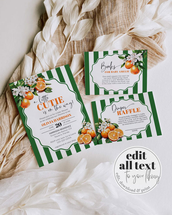 Little Cutie is on it's way Citrus Orange Green Stripe Baby Shower Invitation, Cutie Orange Greenery Baby Shower Invite Suite Template #072 - TheLovebirdsDesign