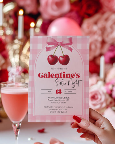 Cherry Coquette Bow Galentines Girls Night Invitation, Pajama Party or Valentines Day Tea Party Invite Heart Shaped Cherries Template #068 - TheLovebirdsDesign