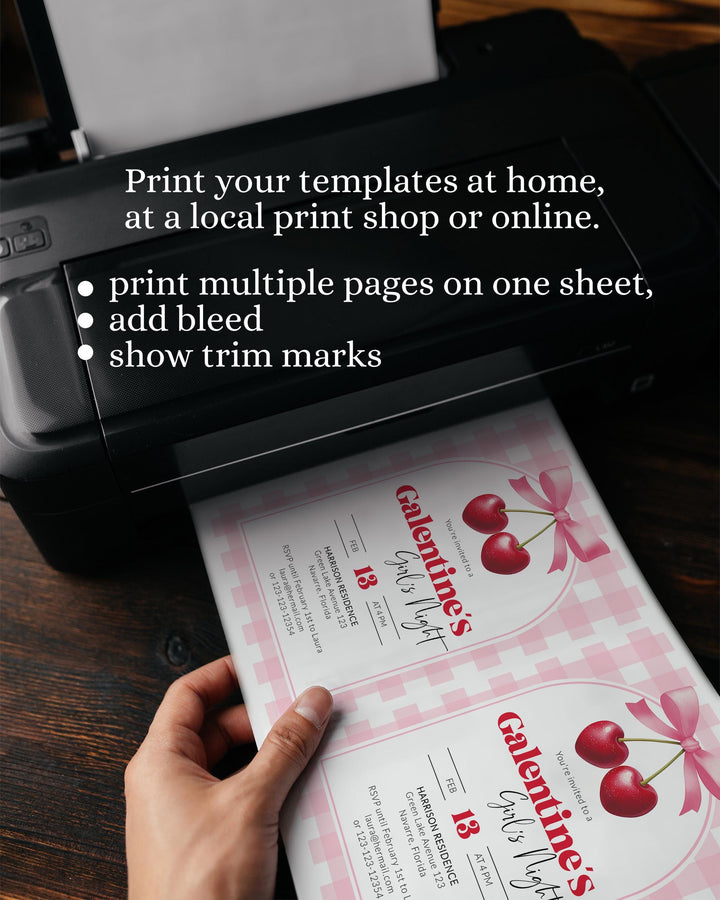 Cherry Coquette Bow Galentines Girls Night Invitation, Pajama Party or Valentines Day Tea Party Invite Heart Shaped Cherries Template #068 - TheLovebirdsDesign