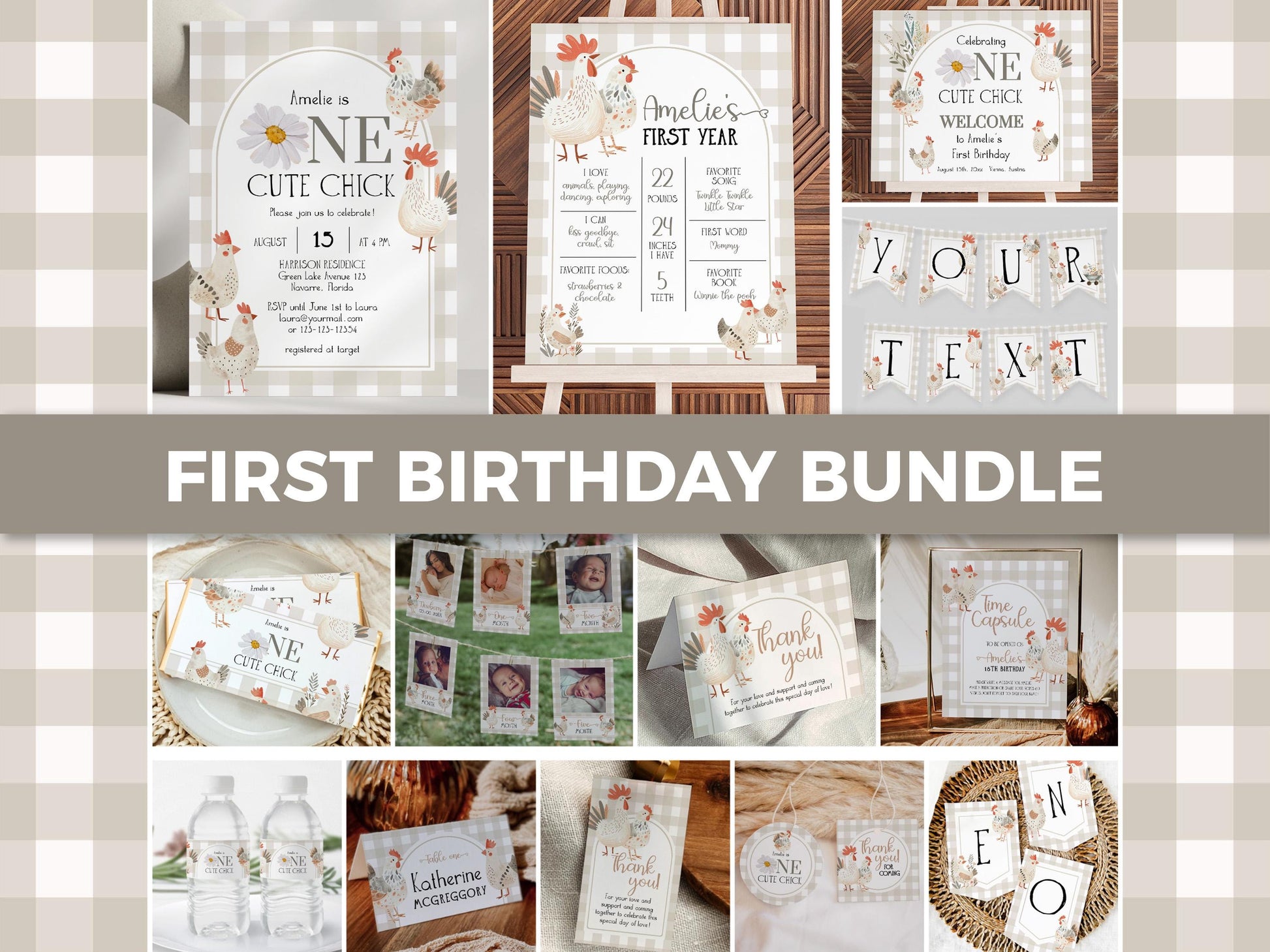 One Cute Chick First Birthday Bundle, Gender Neutral Chicken Themed Birthday Invitation Suite, Cute Farm Animal Invite Template Bundle #068 - TheLovebirdsDesign