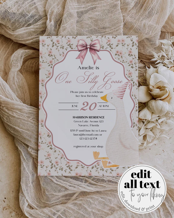 One Silly Goose Girls 1st Birthday Invitation Bundle, Silly Goose Invite Cottagecore Vintage Goose Party Decor Printable Template #072 - TheLovebirdsDesign