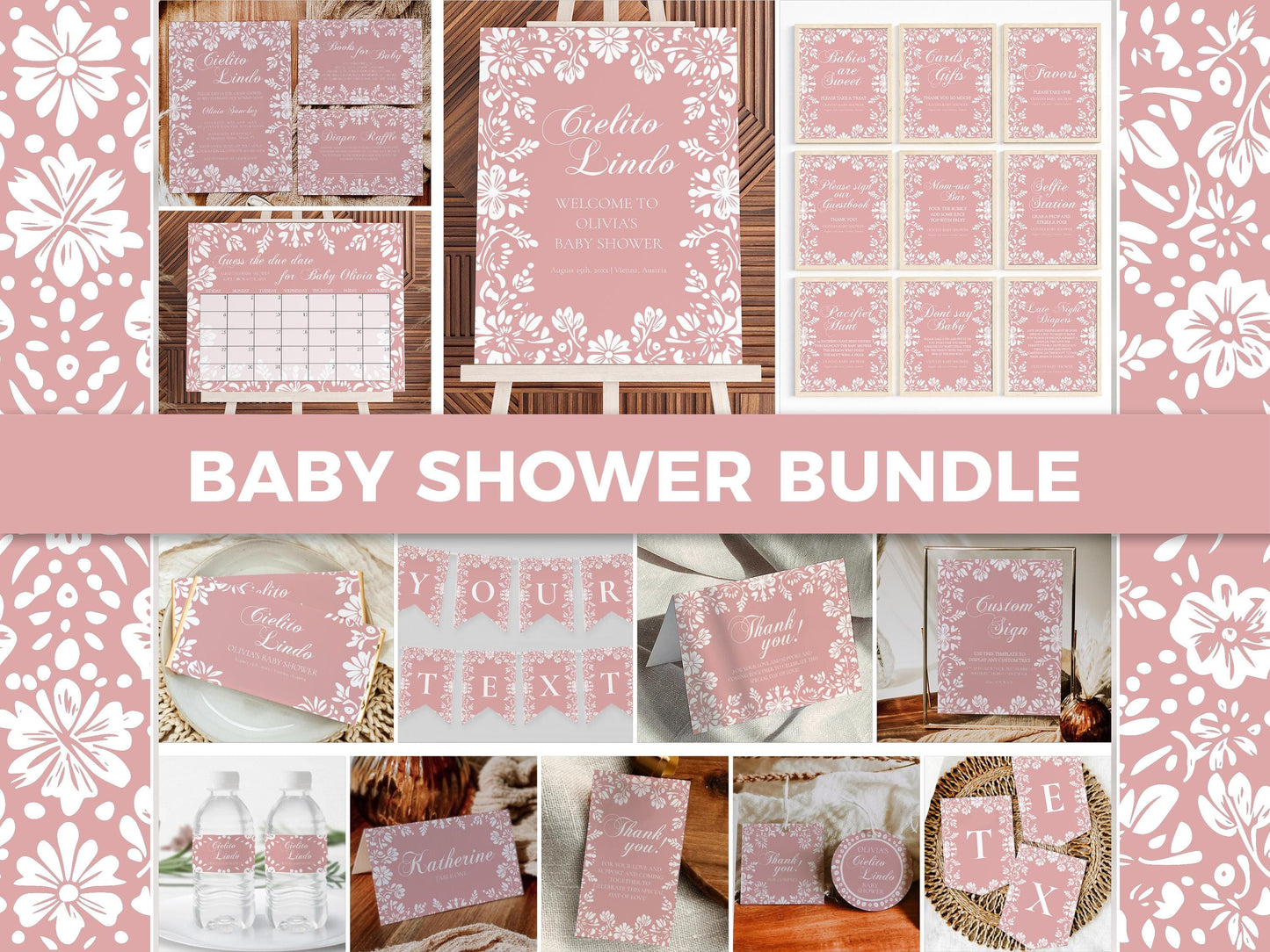 Cielito Lindo Baby Shower Bundle Pink, Editable Vintage Mexican Invitation Suite Girls Talavera Papel Picado Party Decorations Template #067 - TheLovebirdsDesign