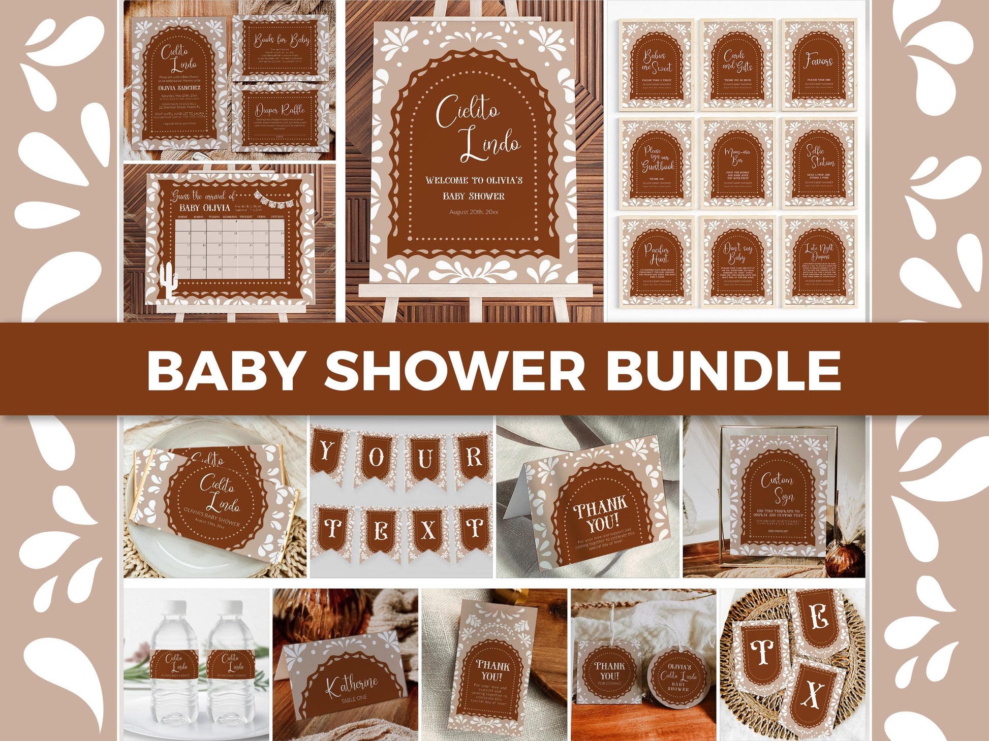 Cielito Lindo Baby Shower Bundle, Gender Neutral Vintage Mexican themed Baby Shower Games, Beige Talavera Papel Picado Decor Template #067 - TheLovebirdsDesign