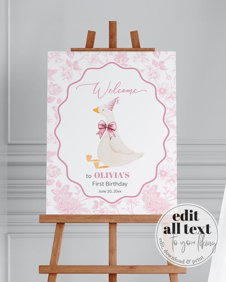 One Silly Goose Welcome Sign, Toile de Jouy Vintage Silly Goose on the Loose Welcome Sign Birthday Girl, Party Decoration Sign Template #072 - TheLovebirdsDesign