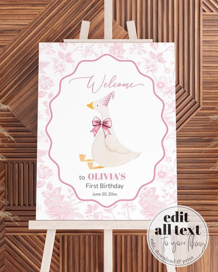One Silly Goose Welcome Sign, Toile de Jouy Vintage Silly Goose on the Loose Welcome Sign Birthday Girl, Party Decoration Sign Template #072 - TheLovebirdsDesign