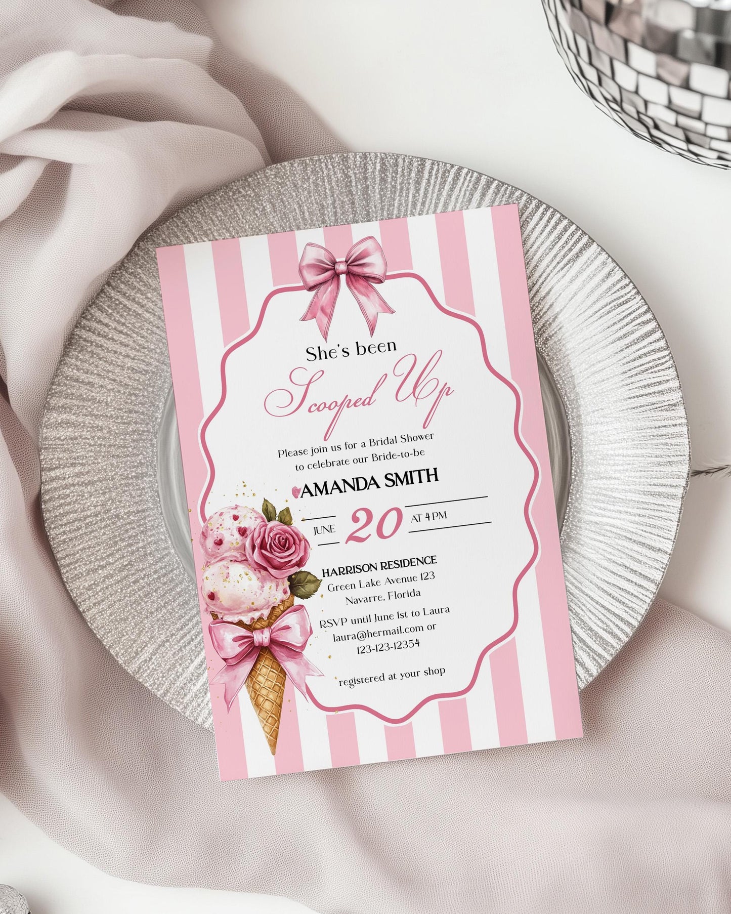 Scooped Up Bridal Shower Invitation, Coquette Bow and Hearts Ice Cream Bridal Shower Invite, Vintage Floral Tea Party Printable Template#072 - TheLovebirdsDesign