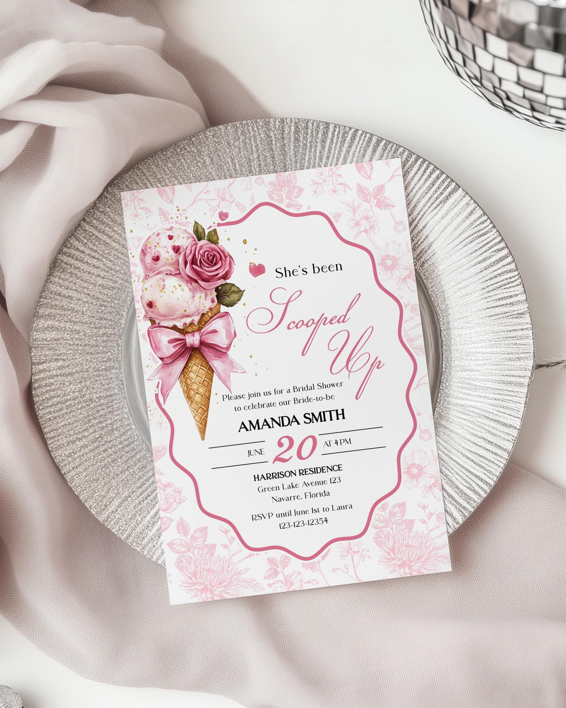 Scooped up Bridal Shower Invitation, Toile de Jouy Vintage Ice Cream Bridal Shower Invite Garden Party Sweets Hearts Printable Template #072 - TheLovebirdsDesign