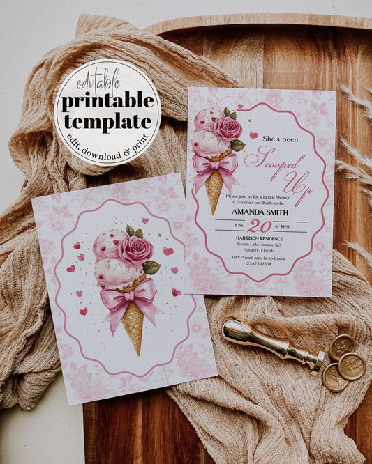 Scooped up Bridal Shower Invitation, Toile de Jouy Vintage Ice Cream Bridal Shower Invite Garden Party Sweets Hearts Printable Template #072 - TheLovebirdsDesign